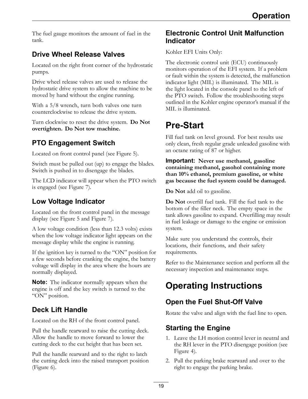 Exmark 4500-759 Rev A manual Pre-Start, Operating Instructions 