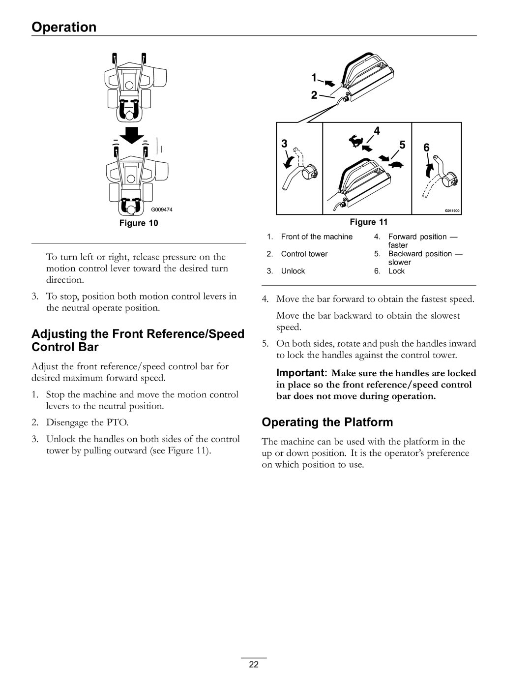 Exmark 4500-759 Rev A manual Adjusting the Front Reference/Speed Control Bar, Operating the Platform 