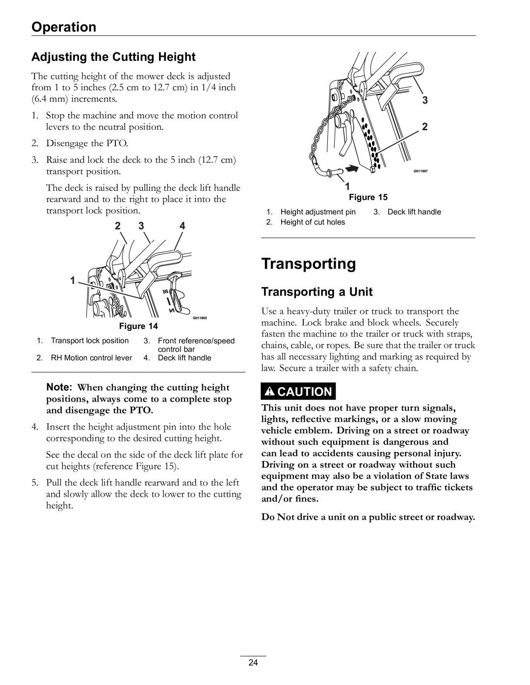 Exmark 4500-759 Rev A manual Adjusting the Cutting Height, Transporting a Unit 