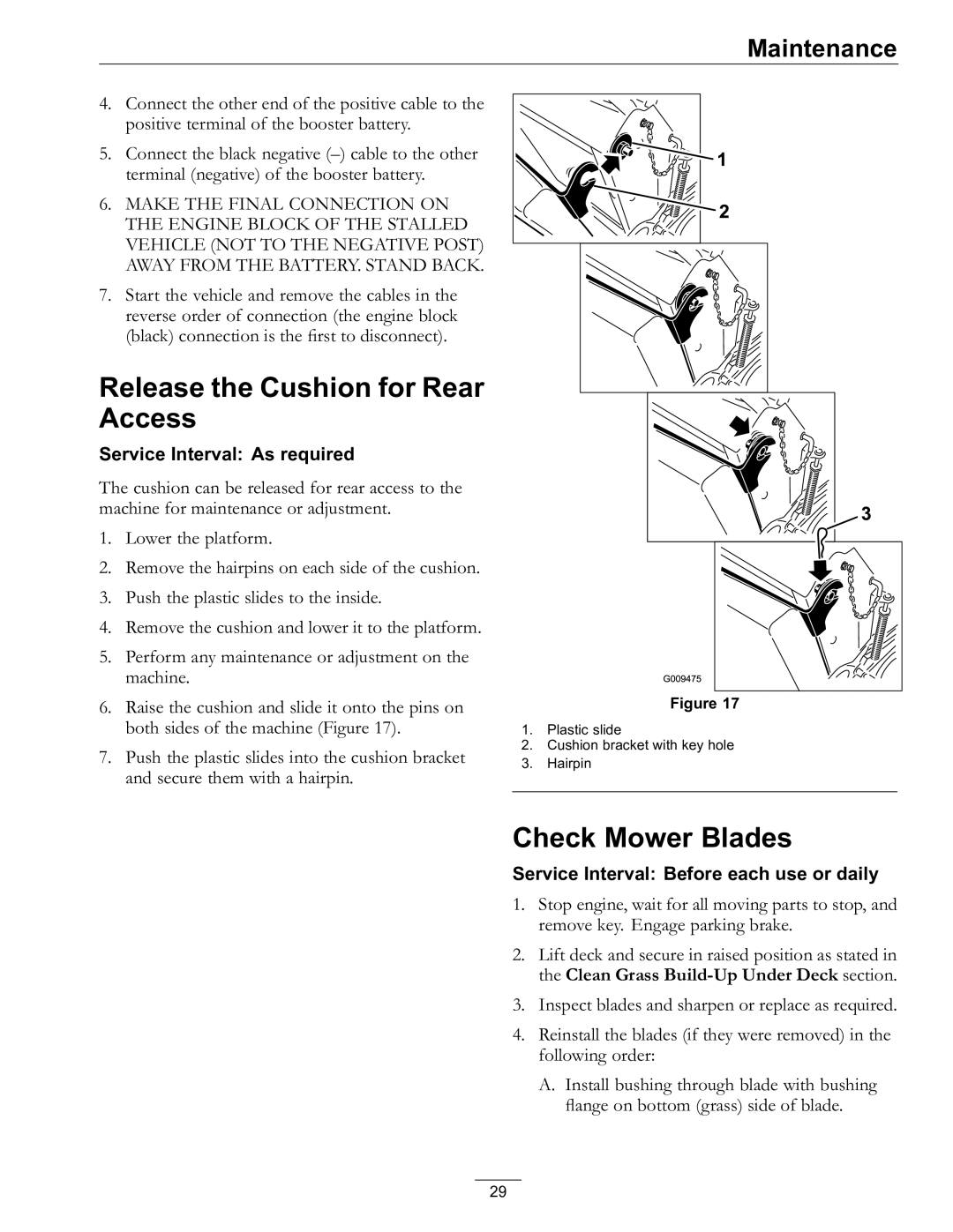 Exmark 4500-759 Rev A manual Release the Cushion for Rear Access, Check Mower Blades 