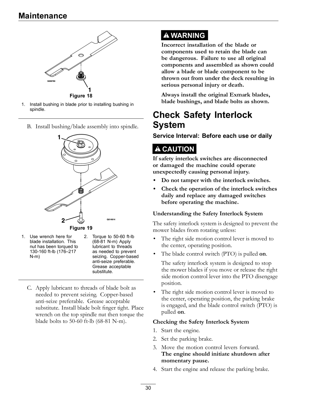 Exmark 4500-759 Rev A manual Check Safety Interlock System, Safety interlock system is designed to stop 