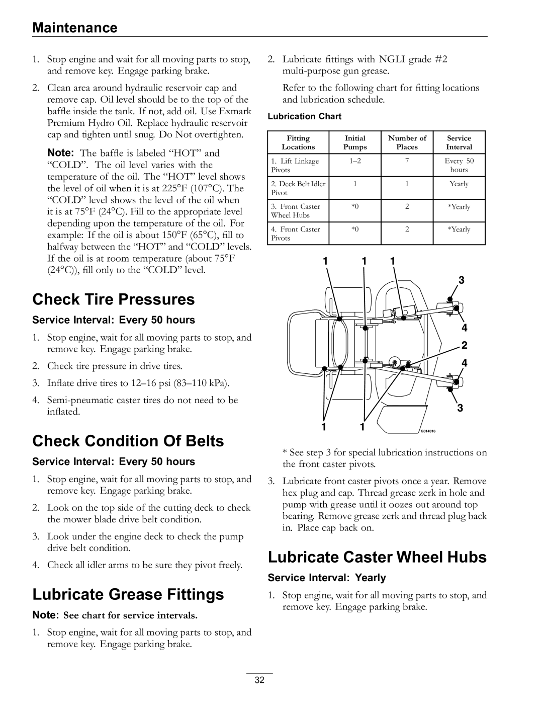 Exmark 4500-759 Rev A manual Check Tire Pressures, Check Condition Of Belts, Lubricate Grease Fittings 