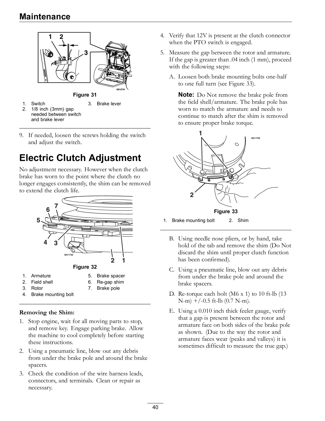 Exmark 4500-759 Rev A manual Electric Clutch Adjustment, Removing the Shim 