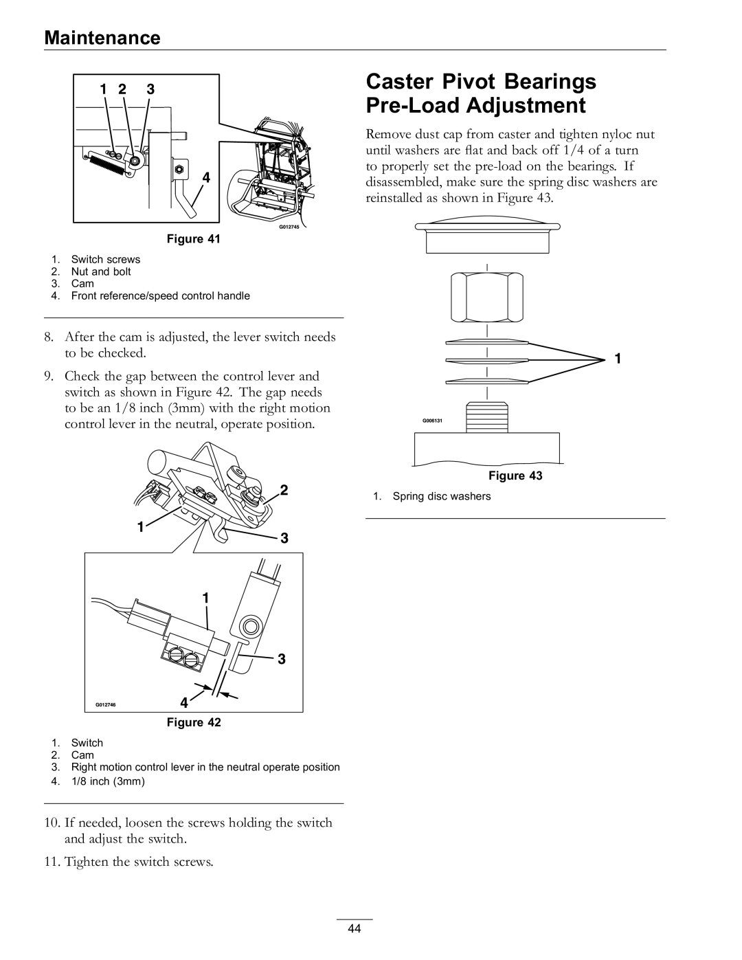 Exmark 4500-759 Rev A manual Caster Pivot Bearings Pre-Load Adjustment 