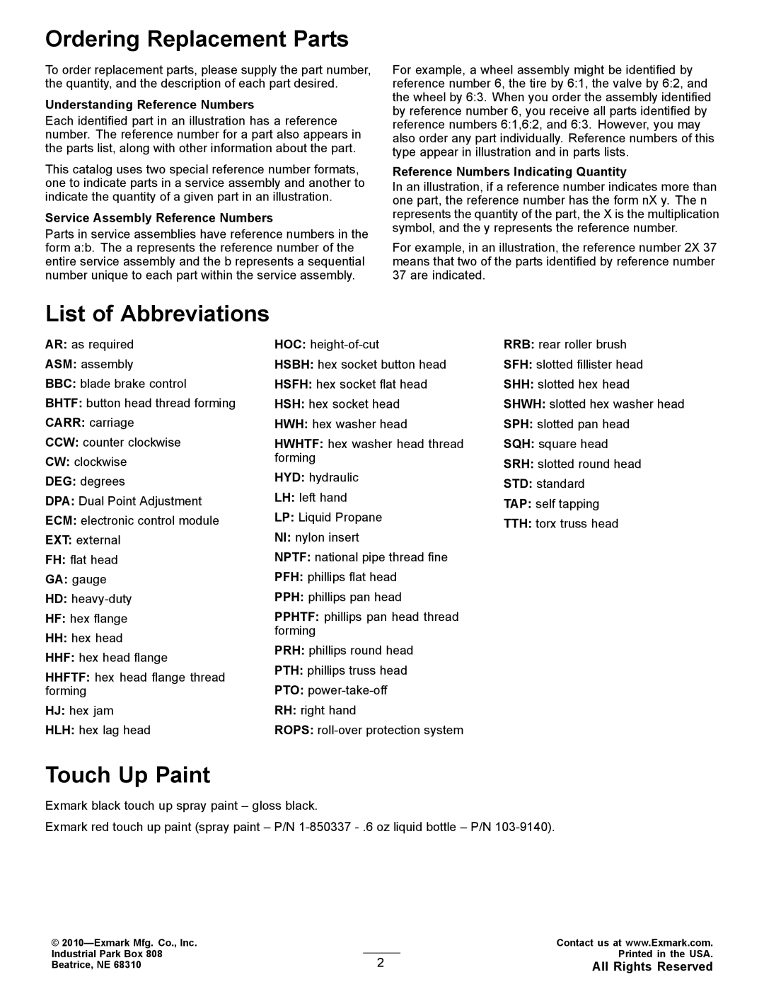 Exmark 4500-764 Rev.A, MG16KA362 manual Ordering Replacement Parts, List of Abbreviations, Touch Up Paint 