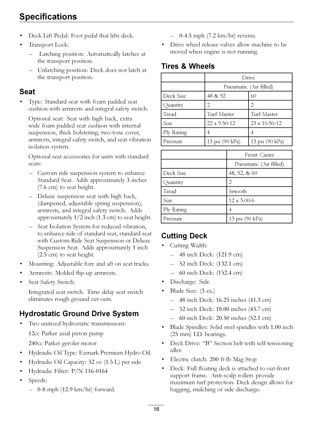 Exmark 4500-872 manual Seat, Hydrostatic Ground Drive System, Tires & Wheels, Cutting Deck 