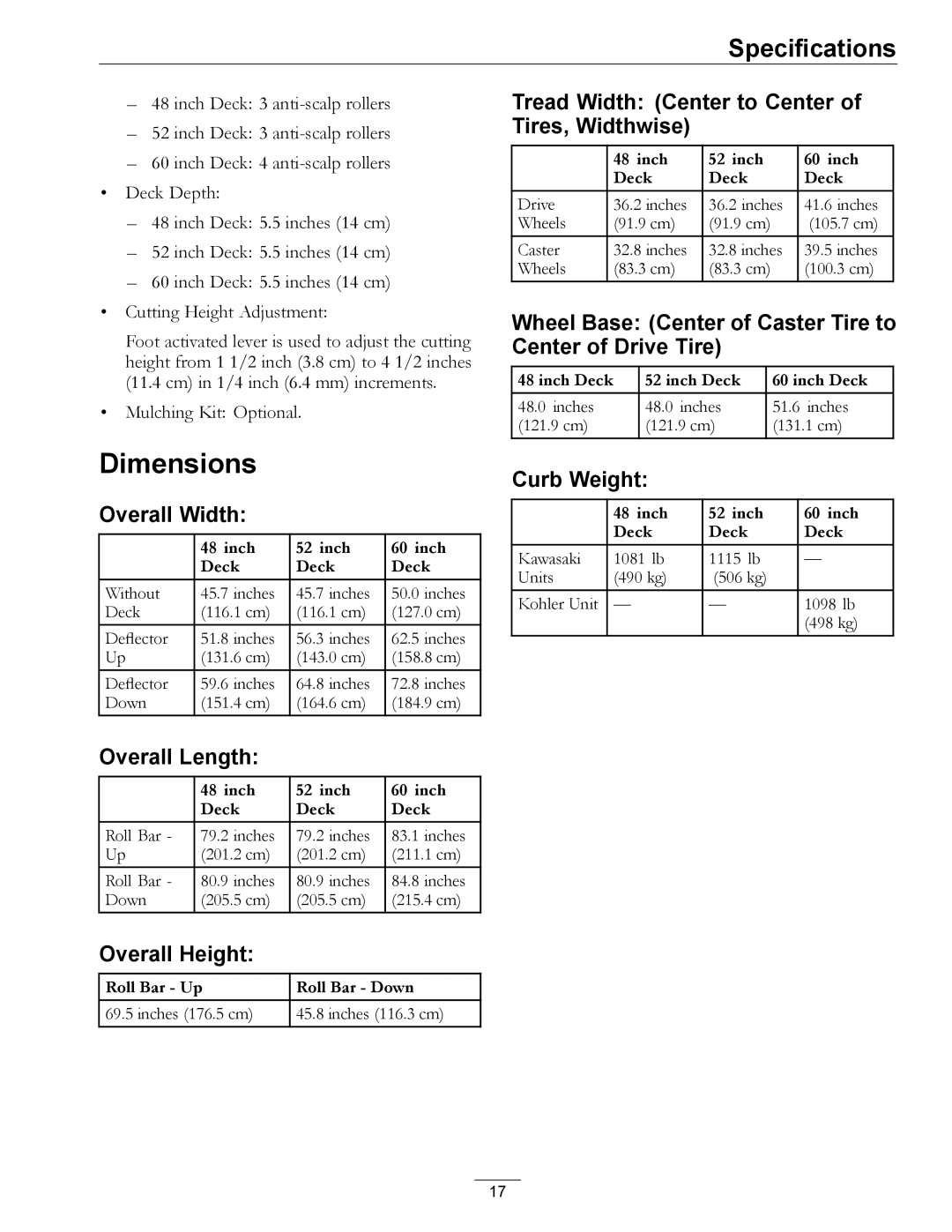 Exmark 4500-872 manual Dimensions 