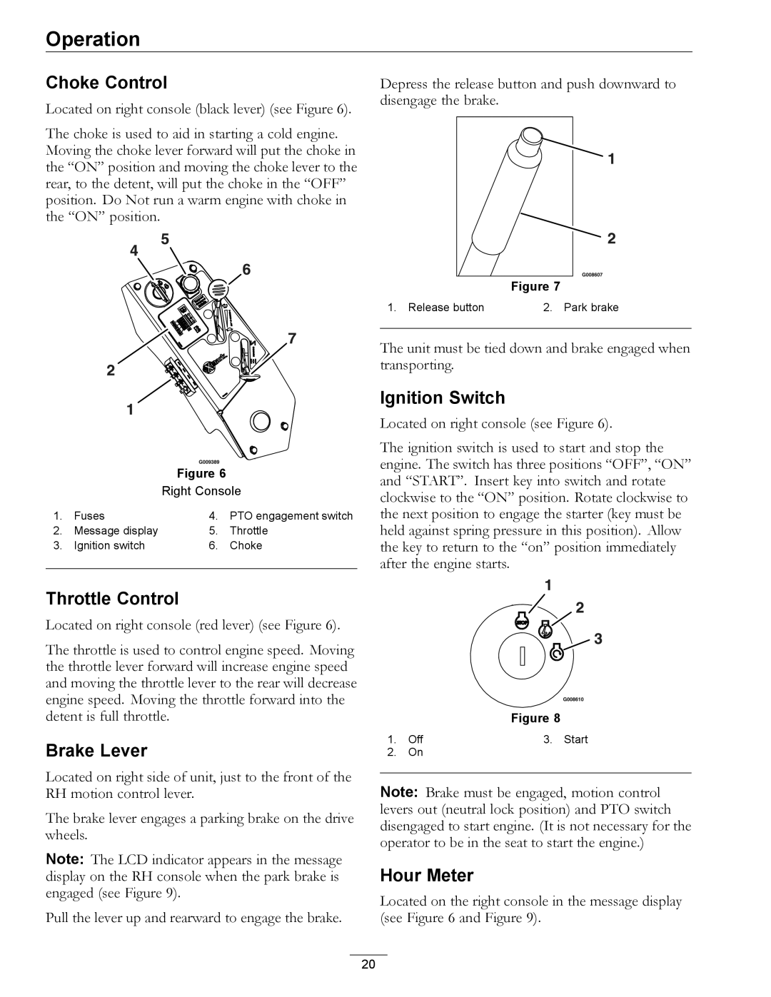 Exmark 4500-872 manual Choke Control, Ignition Switch, Throttle Control, Brake Lever, Hour Meter 