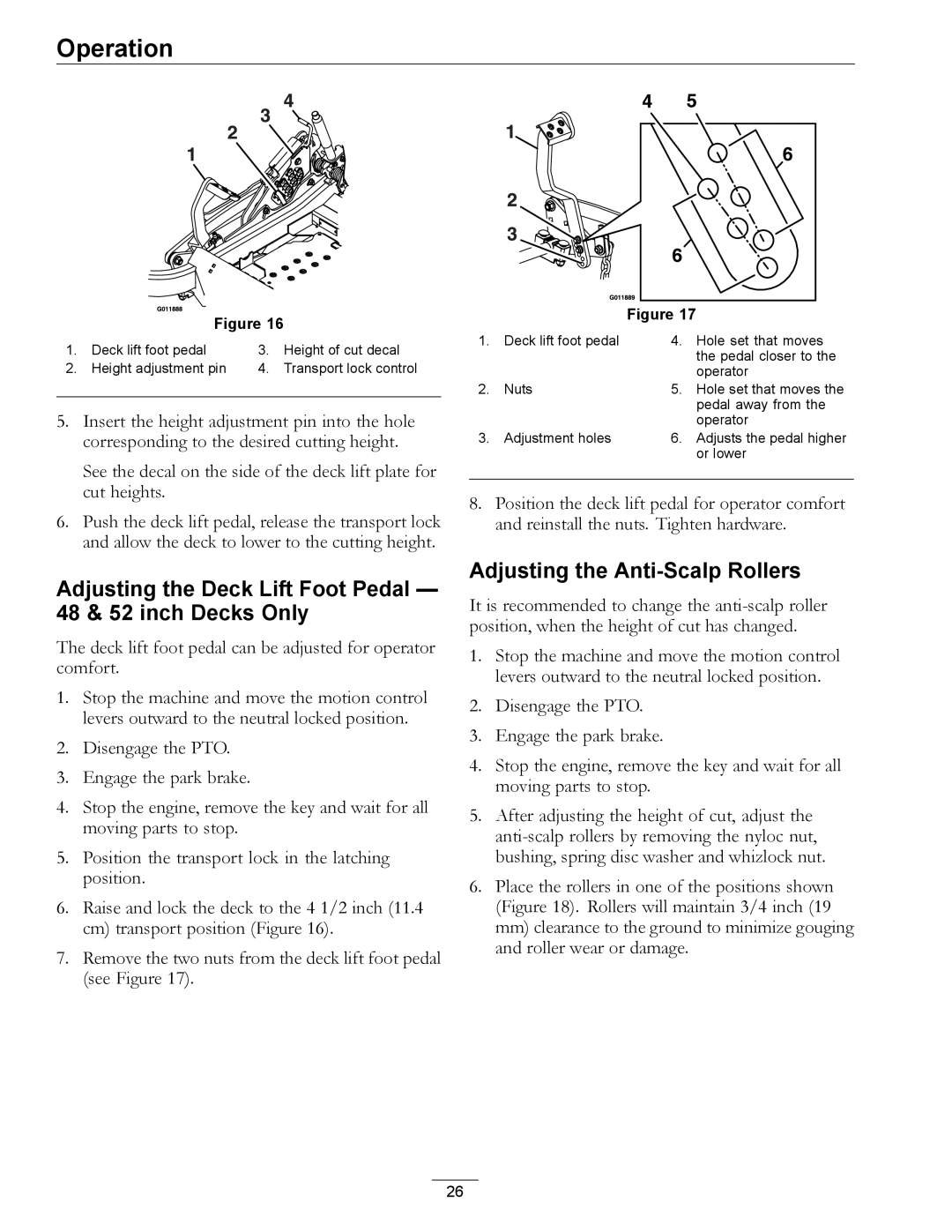 Exmark 4500-872 manual Adjusting the Deck Lift Foot Pedal 48 & 52 inch Decks Only, Adjusting the Anti-Scalp Rollers 