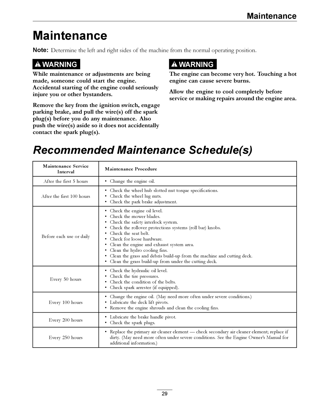 Exmark 4500-872 manual Recommended Maintenance Schedules 