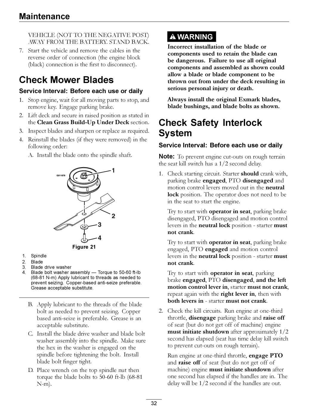 Exmark 4500-872 manual Check Mower Blades, Check Safety Interlock System 