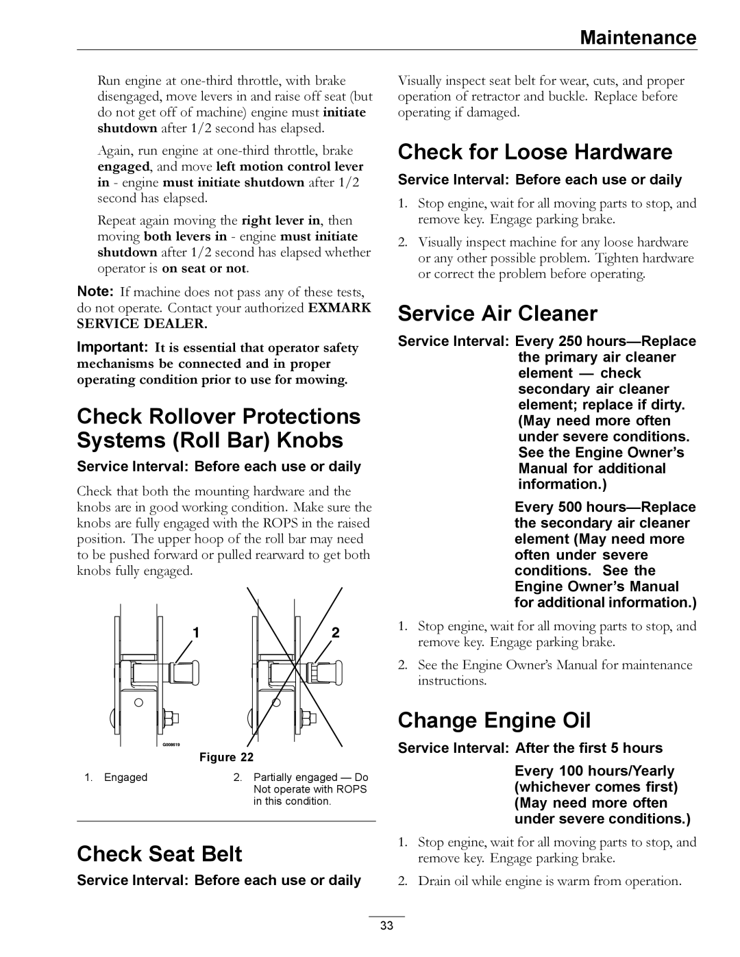 Exmark 4500-872 manual Check Rollover Protections Systems Roll Bar Knobs, Check Seat Belt, Check for Loose Hardware 