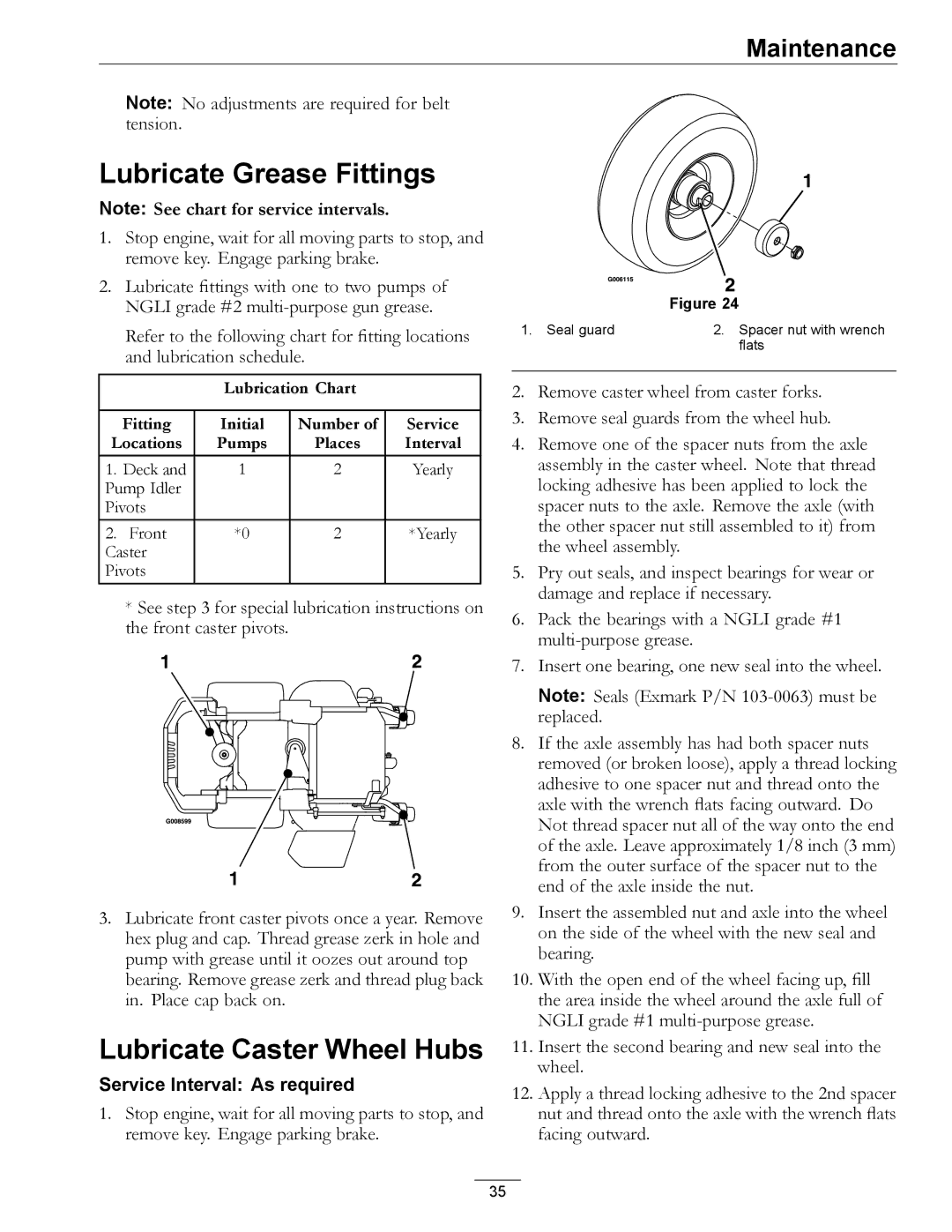 Exmark 4500-872 manual Lubricate Grease Fittings, Lubricate Caster Wheel Hubs 