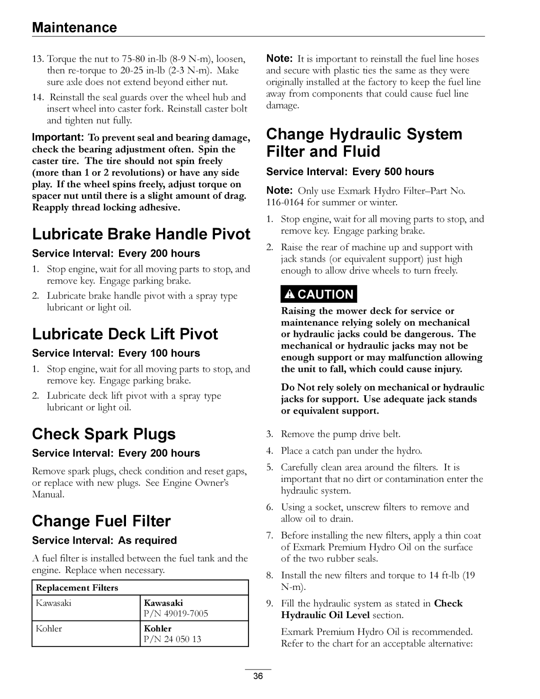 Exmark 4500-872 manual Lubricate Brake Handle Pivot, Lubricate Deck Lift Pivot, Check Spark Plugs, Change Fuel Filter 