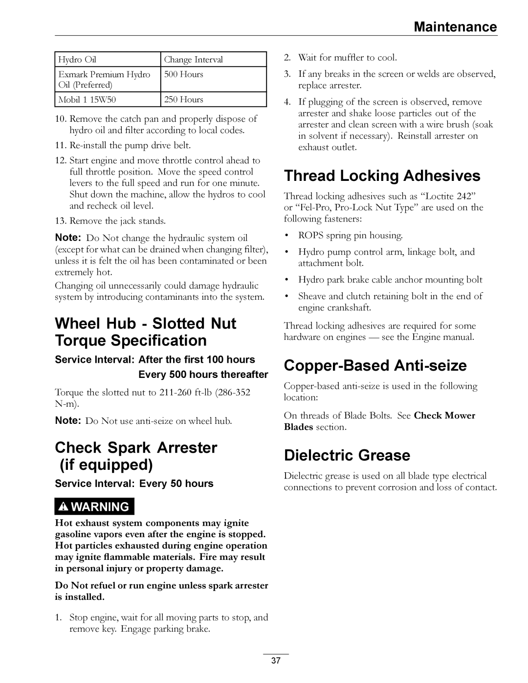 Exmark 4500-872 manual Wheel Hub Slotted Nut Torque Specification, Thread Locking Adhesives, Copper-Based Anti-seize 