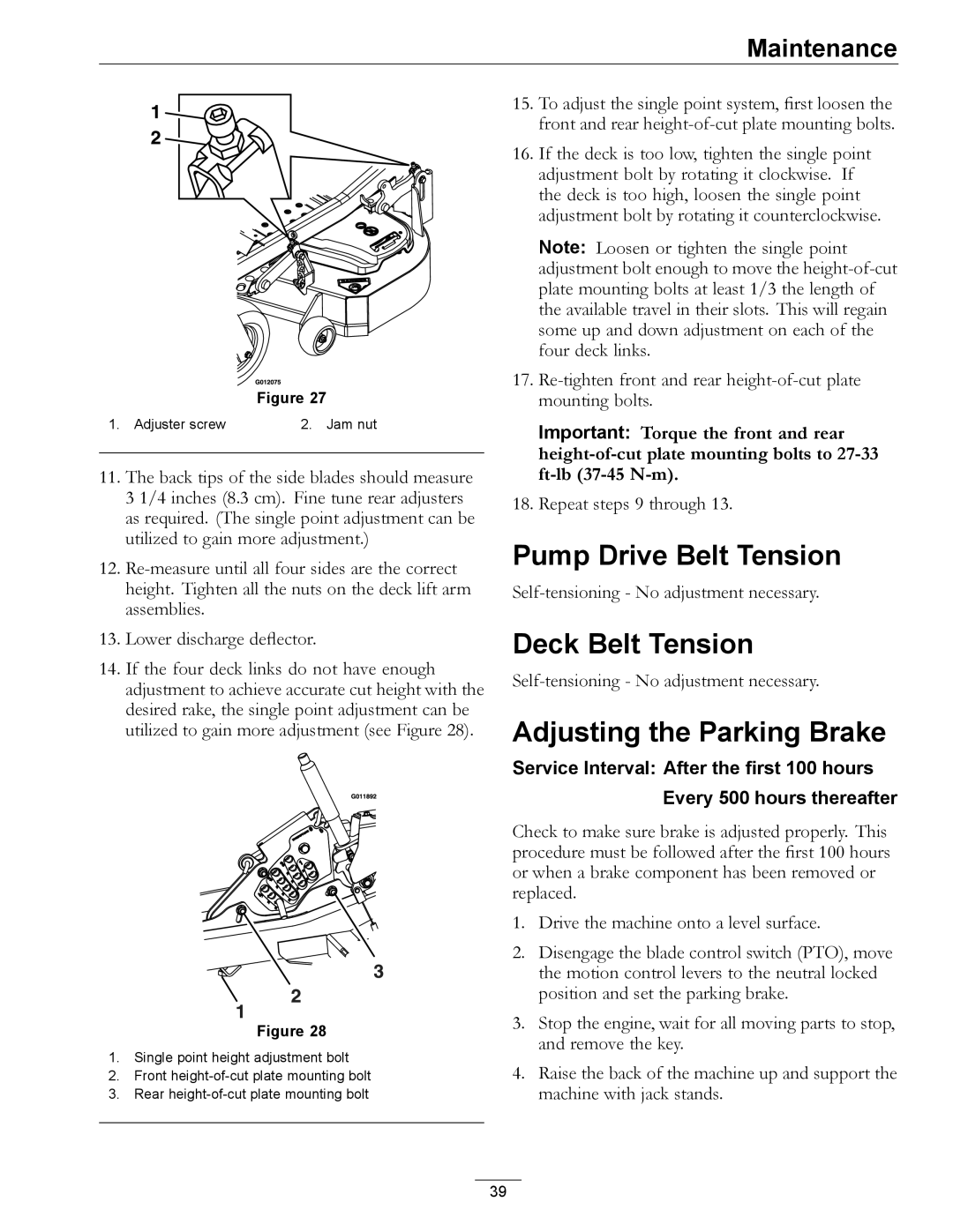 Exmark 4500-872 manual Pump Drive Belt Tension, Deck Belt Tension, Adjusting the Parking Brake 