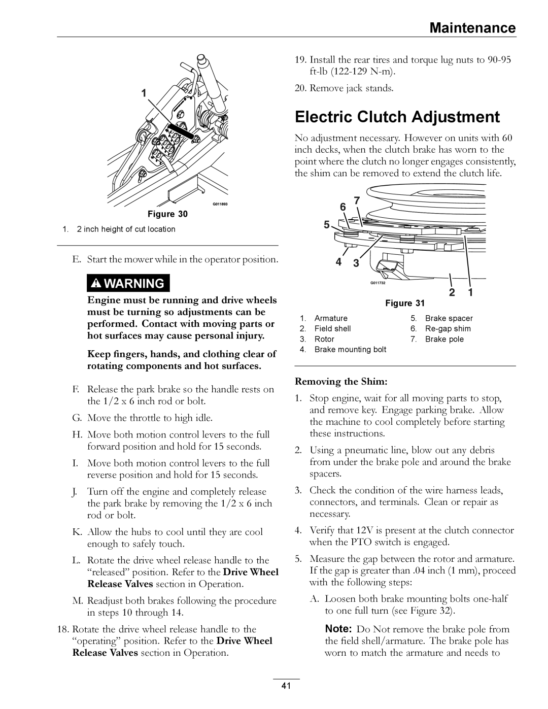 Exmark 4500-872 manual Electric Clutch Adjustment, Start the mower while in the operator position 