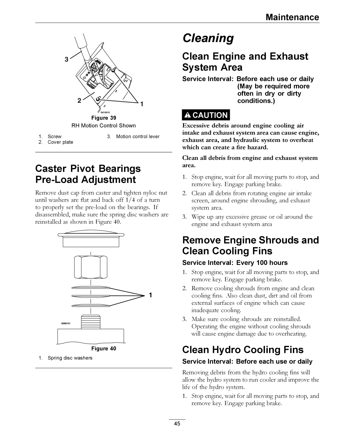 Exmark 4500-872 Caster Pivot Bearings Pre-Load Adjustment, Clean Engine and Exhaust System Area, Clean Hydro Cooling Fins 