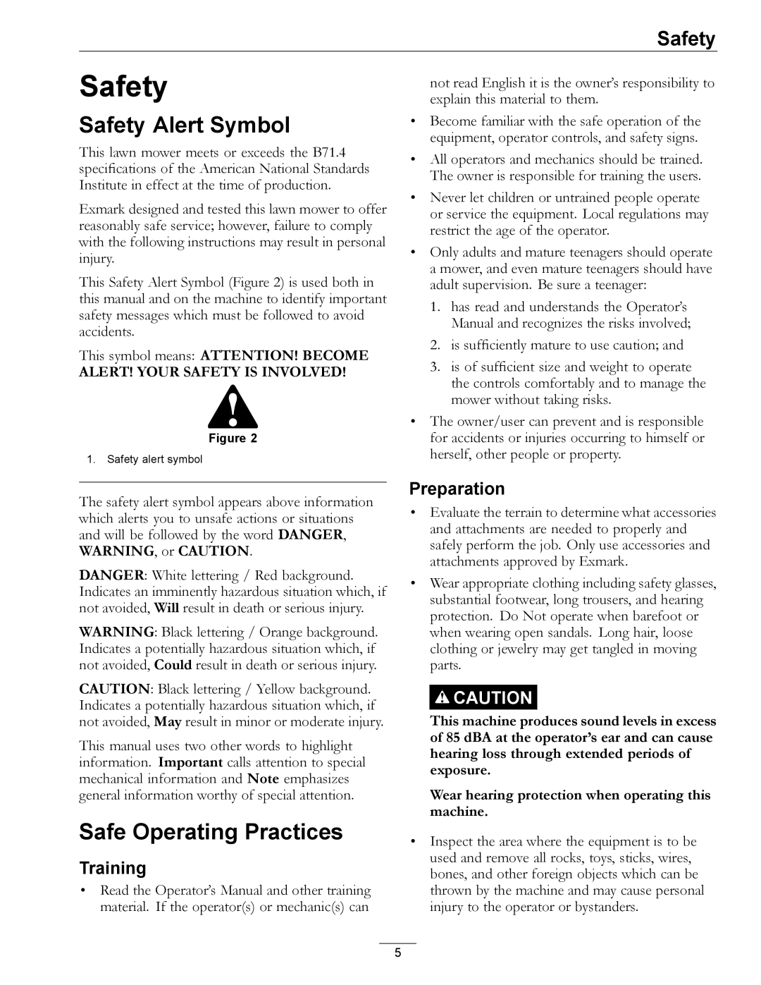 Exmark 4500-872 manual Safety Alert Symbol, Safe Operating Practices, Training, Preparation 