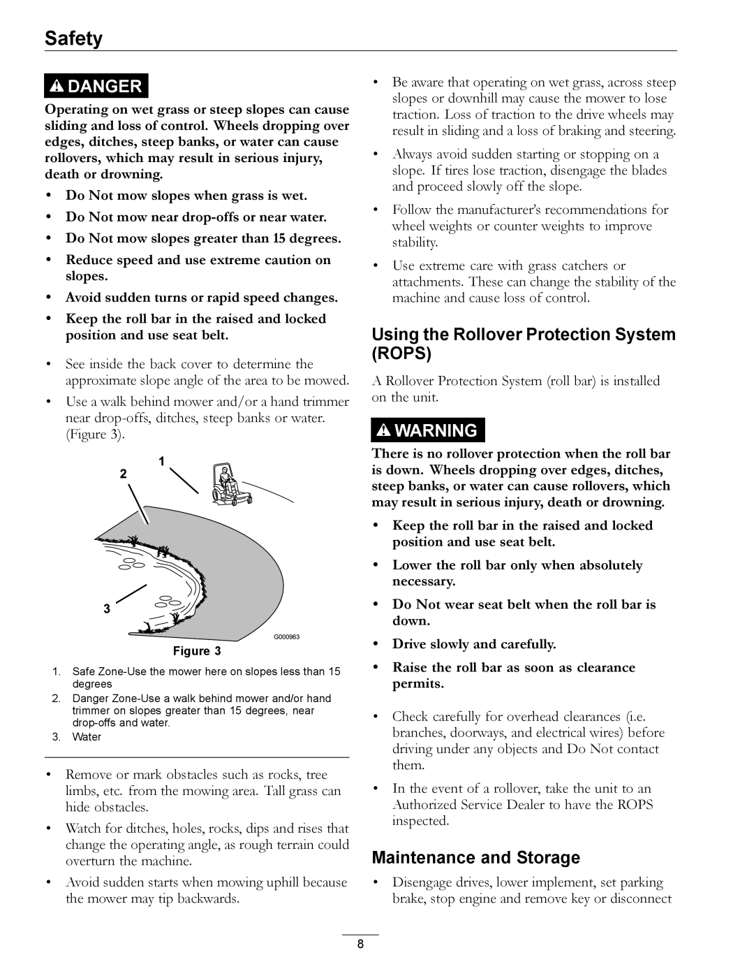 Exmark 4500-872 manual Using the Rollover Protection System Rops, Maintenance and Storage 