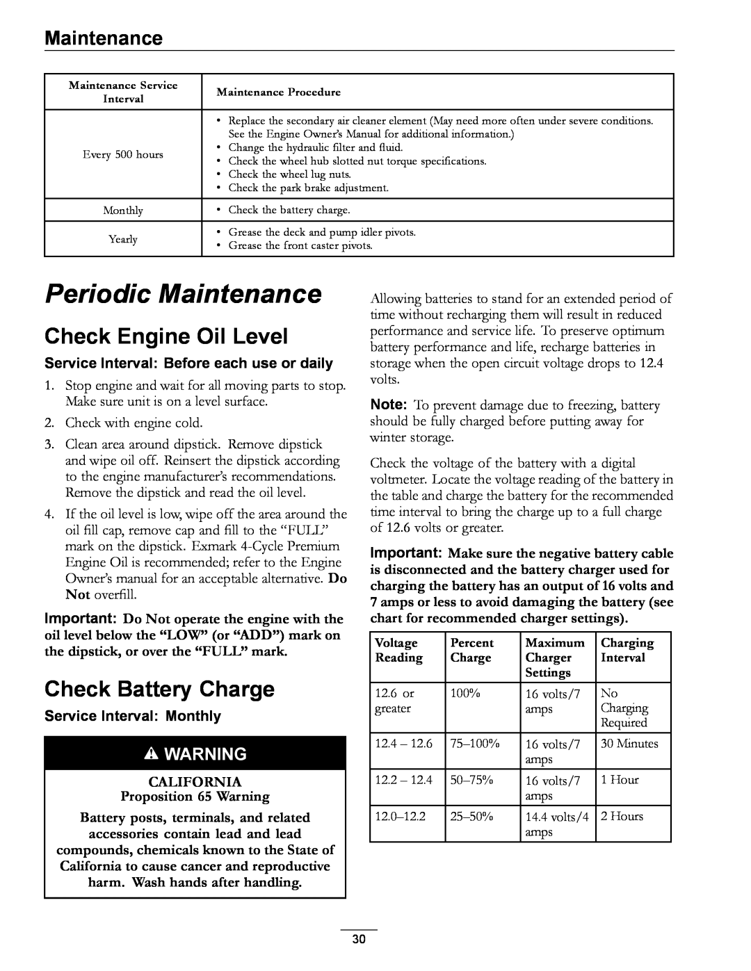 Exmark 4500-872 manual Periodic Maintenance, Check Engine Oil Level, Check Battery Charge, Service Interval Monthly 