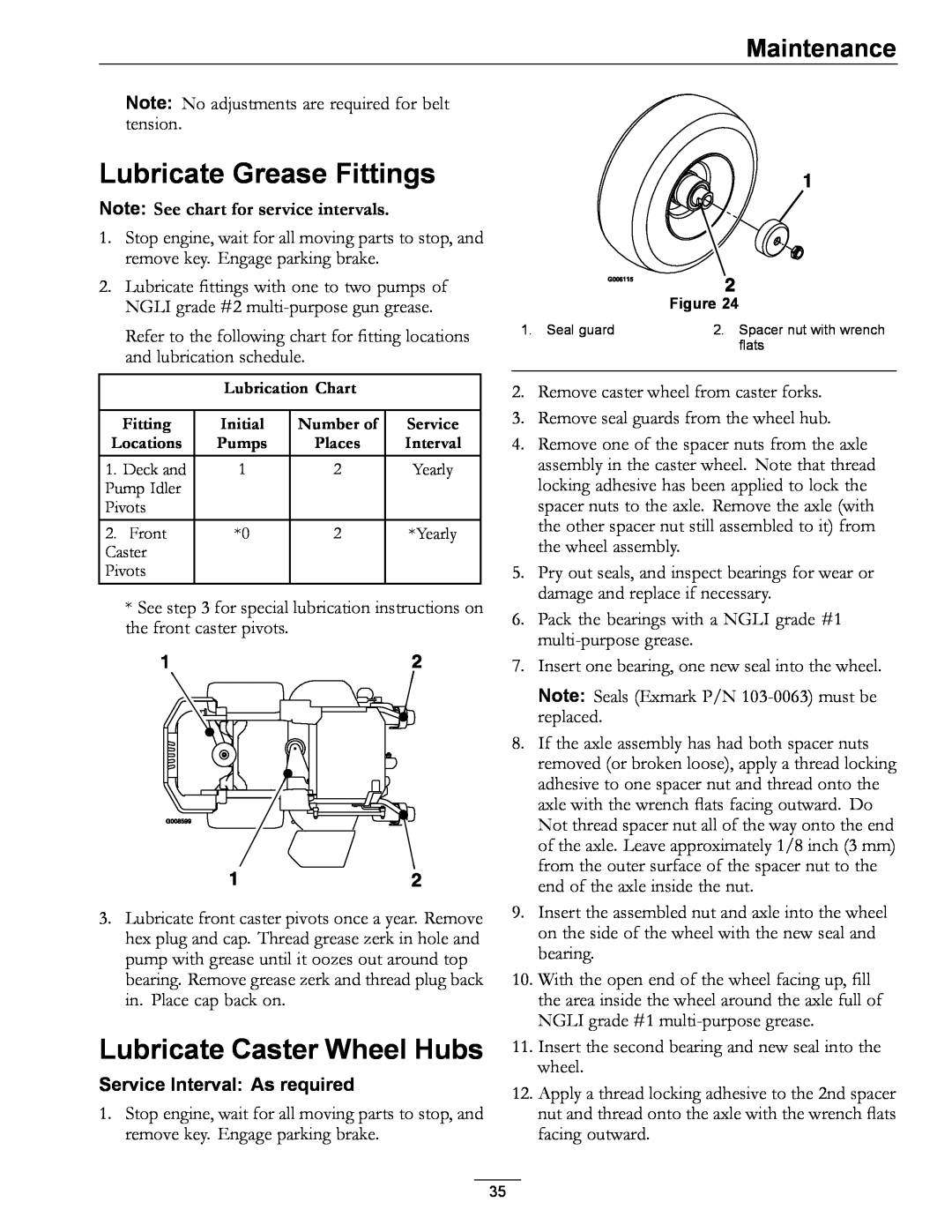 Exmark 4500-872 Lubricate Grease Fittings, Lubricate Caster Wheel Hubs, Note See chart for service intervals, Maintenance 