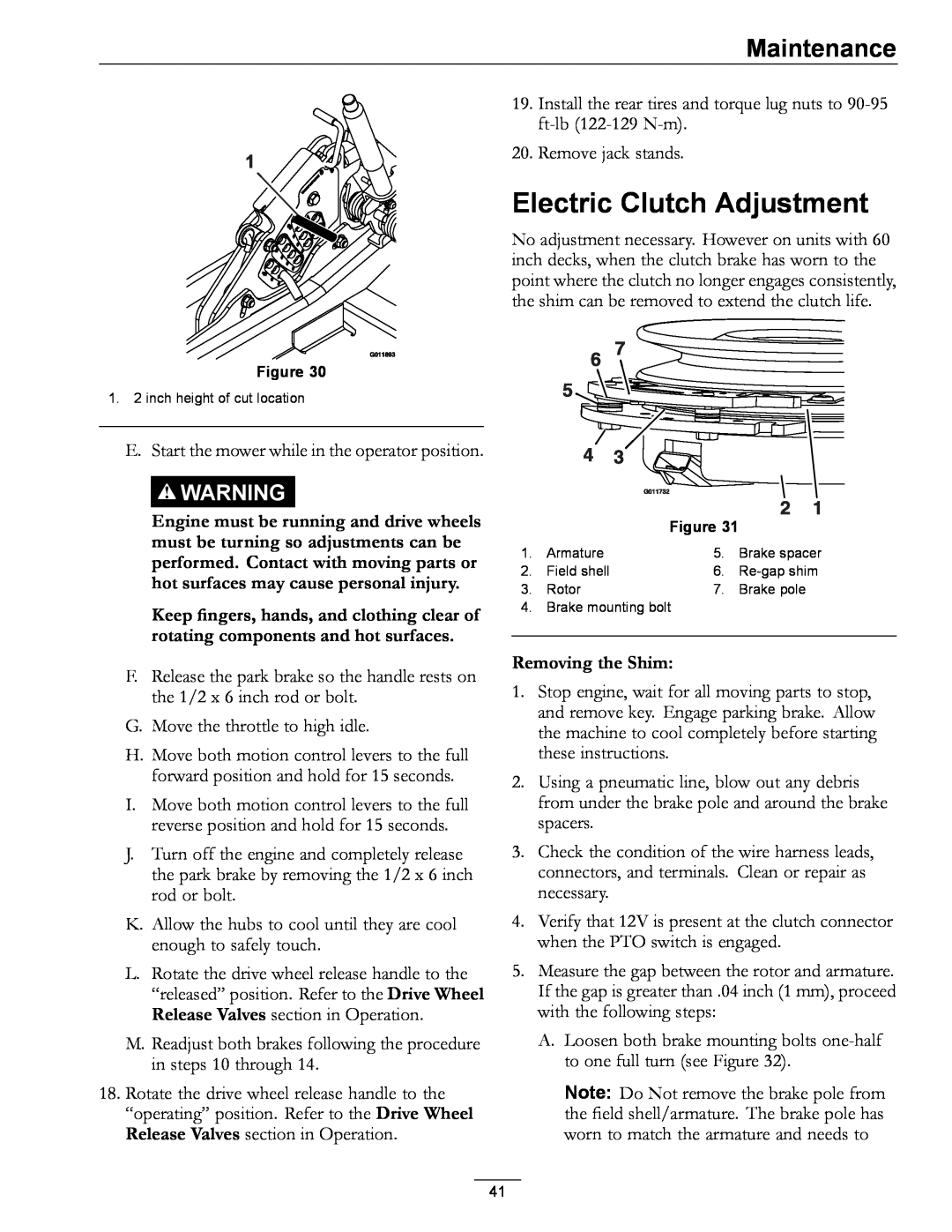 Exmark 4500-872 manual Electric Clutch Adjustment, Removing the Shim, Maintenance 