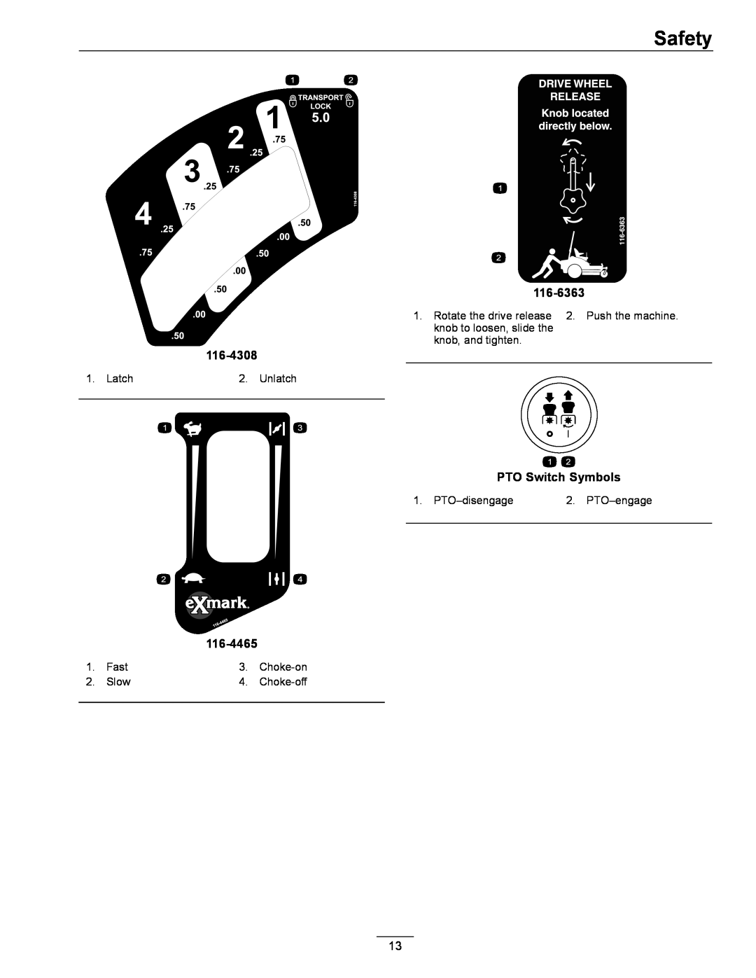 Exmark 4500-996 Rev A manual Safety, 116-6363, 116-4308, PTO Switch Symbols, 116-4465 