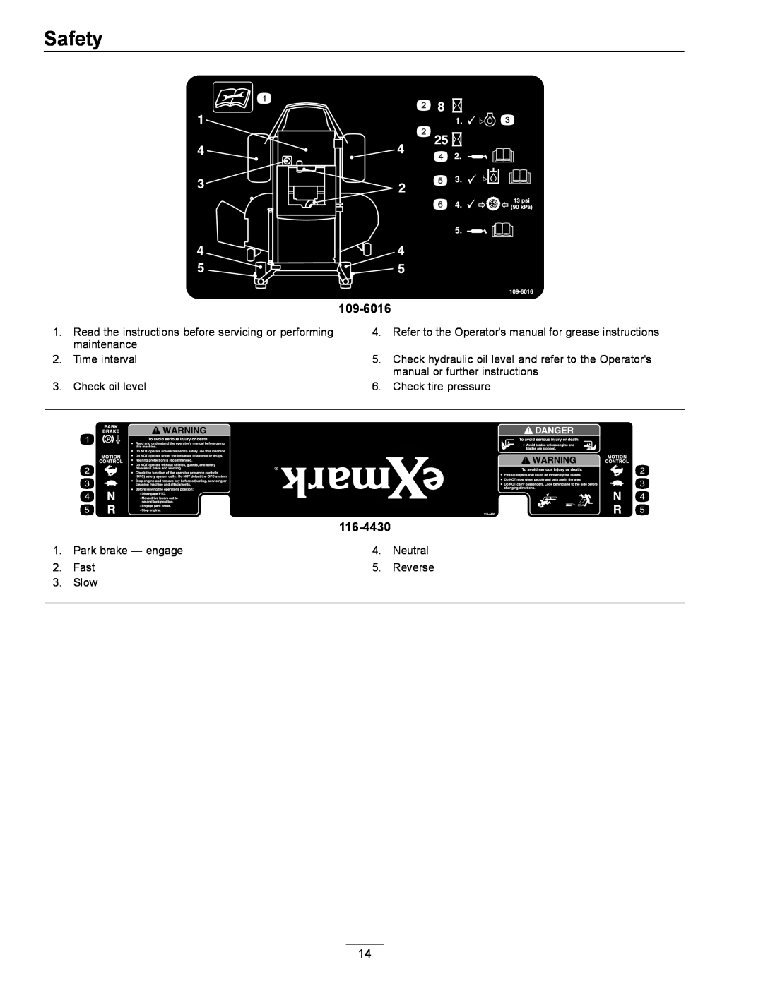 Exmark 4500-996 Rev A manual Safety, 109-6016, 116-4430, Reverse 