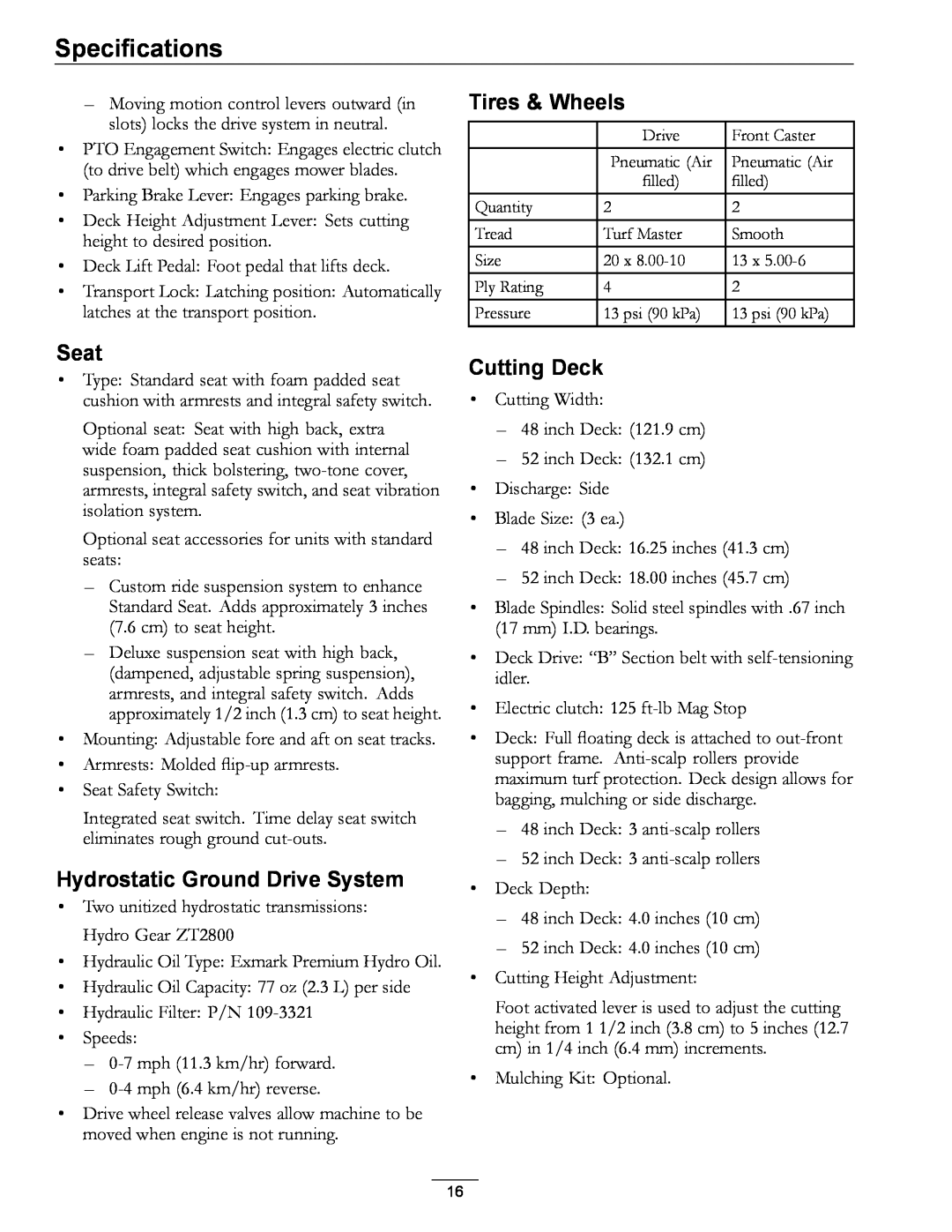 Exmark 4500-996 Rev A manual Tires & Wheels, Seat, Hydrostatic Ground Drive System, Cutting Deck, Specifications 