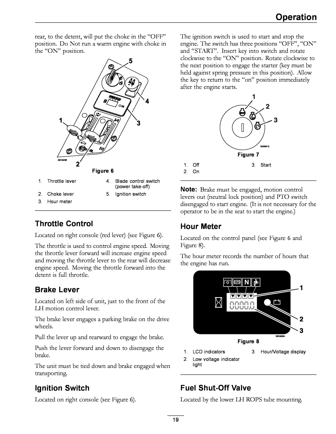 Exmark 4500-996 Rev A manual Throttle Control, Brake Lever, Hour Meter, Ignition Switch, Fuel Shut-Off Valve, Operation 