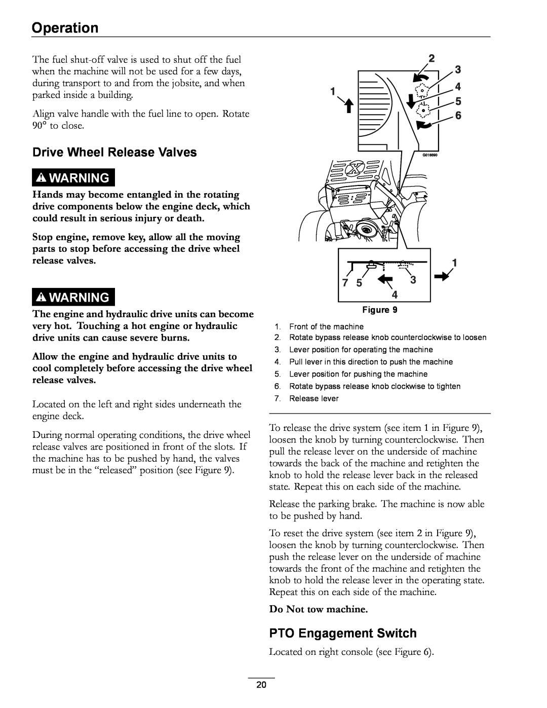 Exmark 4500-996 Rev A manual Drive Wheel Release Valves, PTO Engagement Switch, Do Not tow machine, Operation 