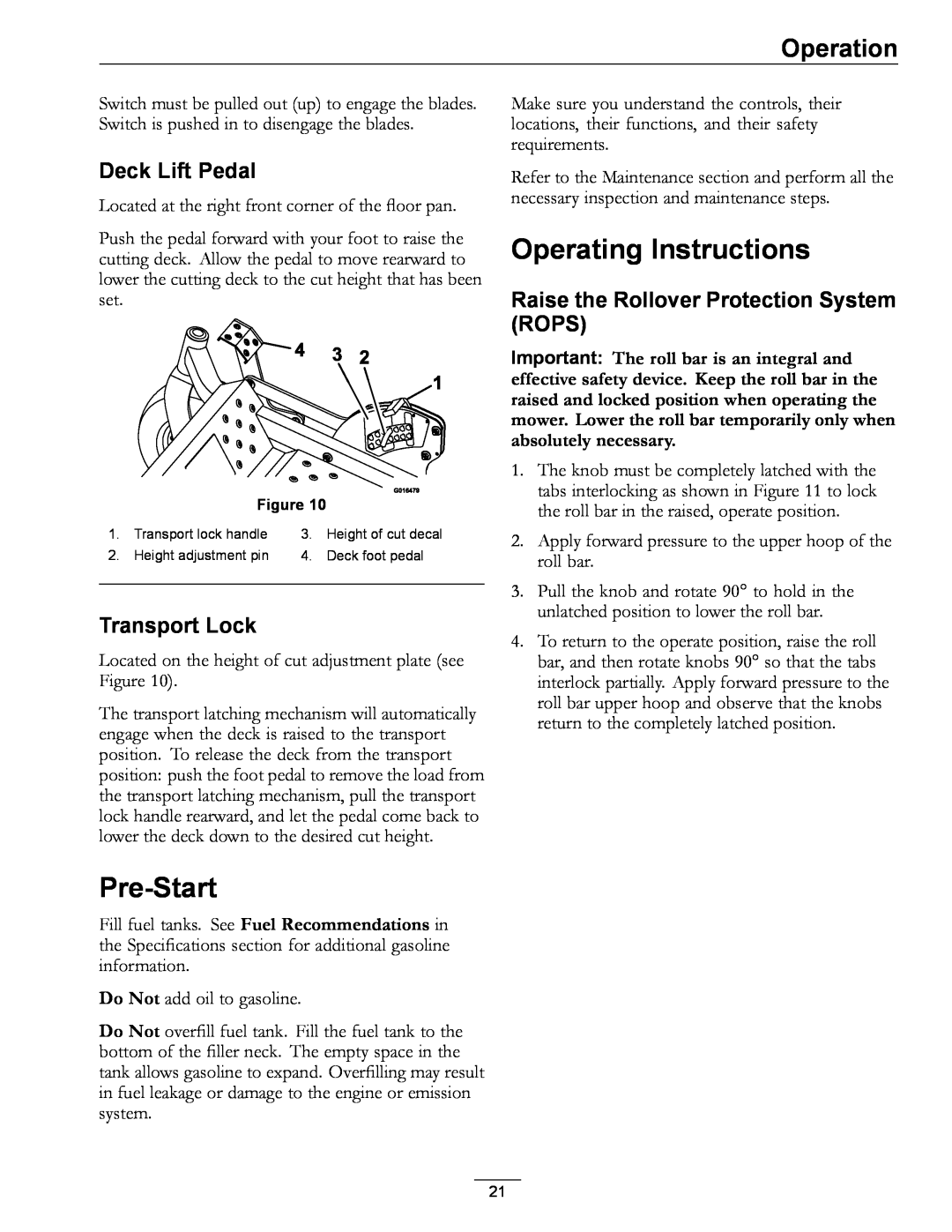 Exmark 4500-996 Rev A manual Pre-Start, Operating Instructions, Deck Lift Pedal, Transport Lock, Operation 