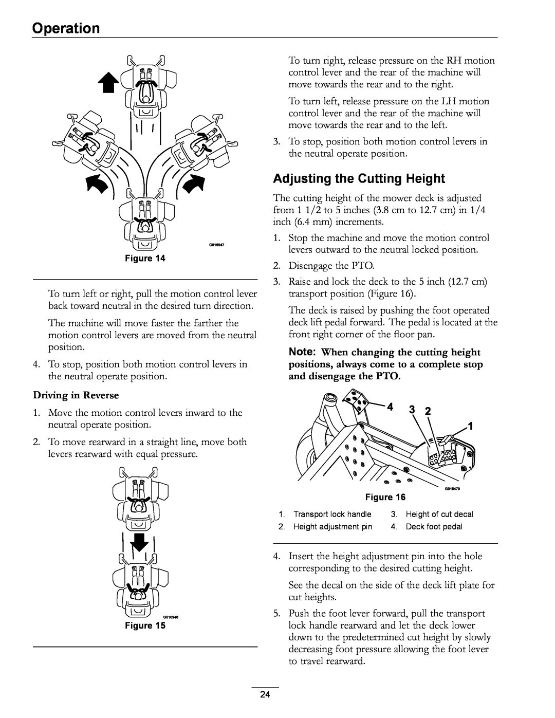 Exmark 4500-996 Rev A manual Adjusting the Cutting Height, Driving in Reverse, Operation 