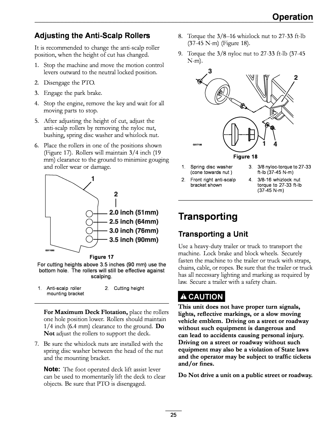 Exmark 4500-996 Rev A manual Adjusting the Anti-Scalp Rollers, Transporting a Unit, Operation 