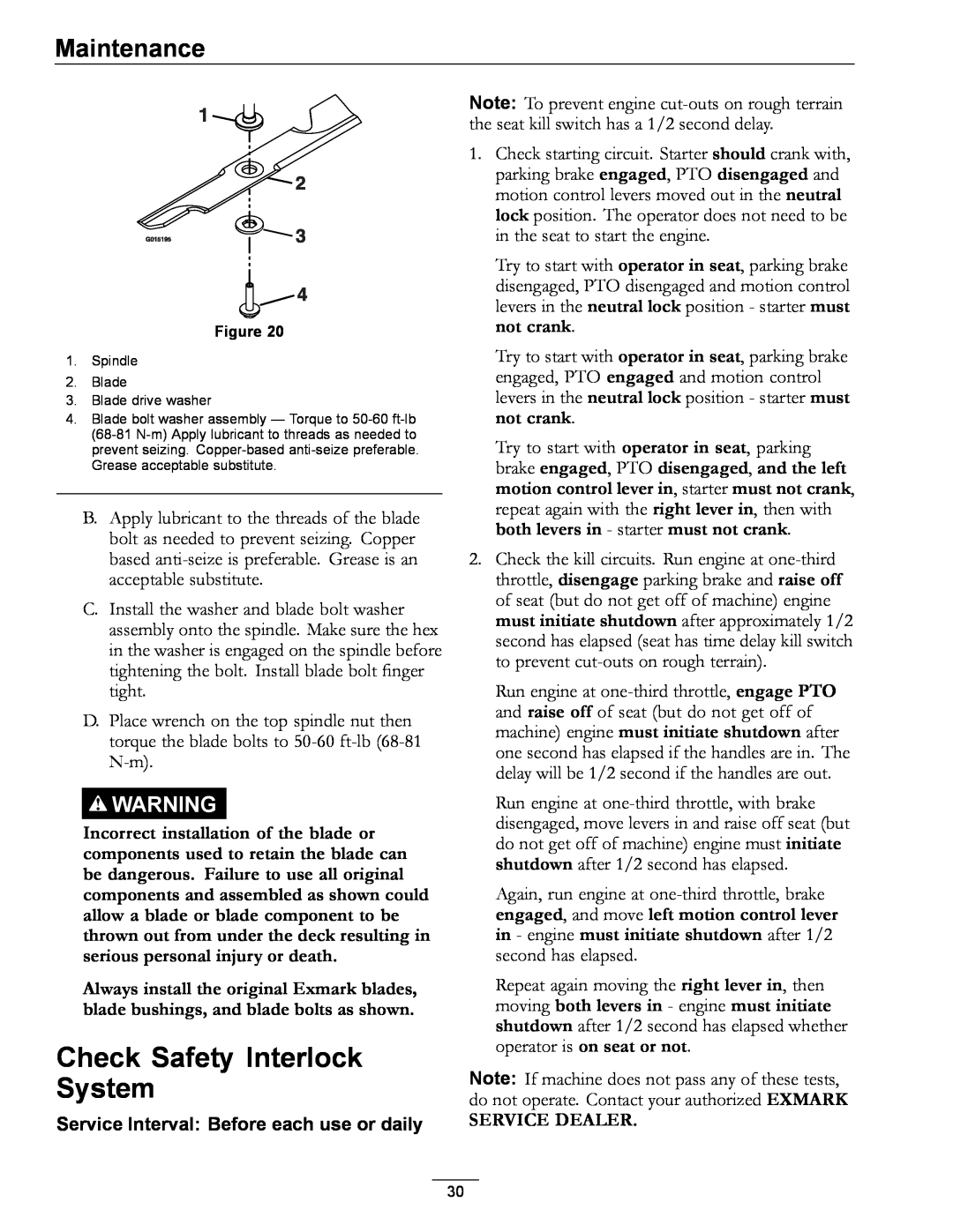 Exmark 4500-996 Rev A Check Safety Interlock System, Service Dealer, Maintenance, Spindle 2. Blade 3. Blade drive washer 