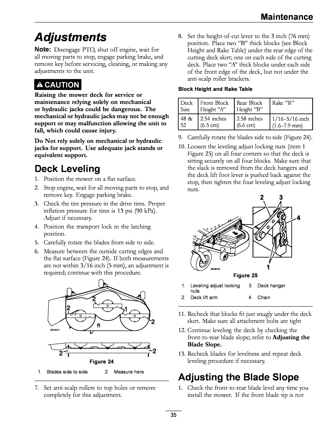 Exmark 4500-996 Rev A manual Adjustments, Deck Leveling, Adjusting the Blade Slope, Maintenance 