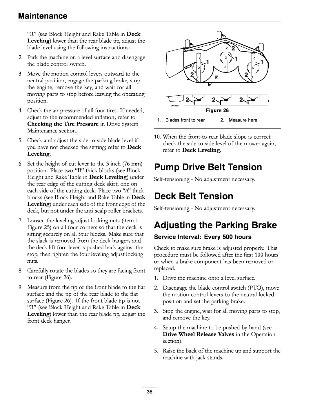 Exmark 4500-996 Rev A manual Pump Drive Belt Tension, Deck Belt Tension, Adjusting the Parking Brake, Maintenance 