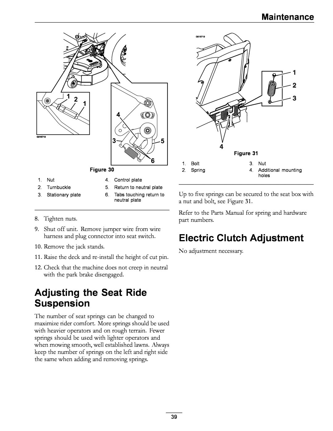 Exmark 4500-996 Rev A manual Adjusting the Seat Ride Suspension, Electric Clutch Adjustment, Maintenance, Tighten nuts 