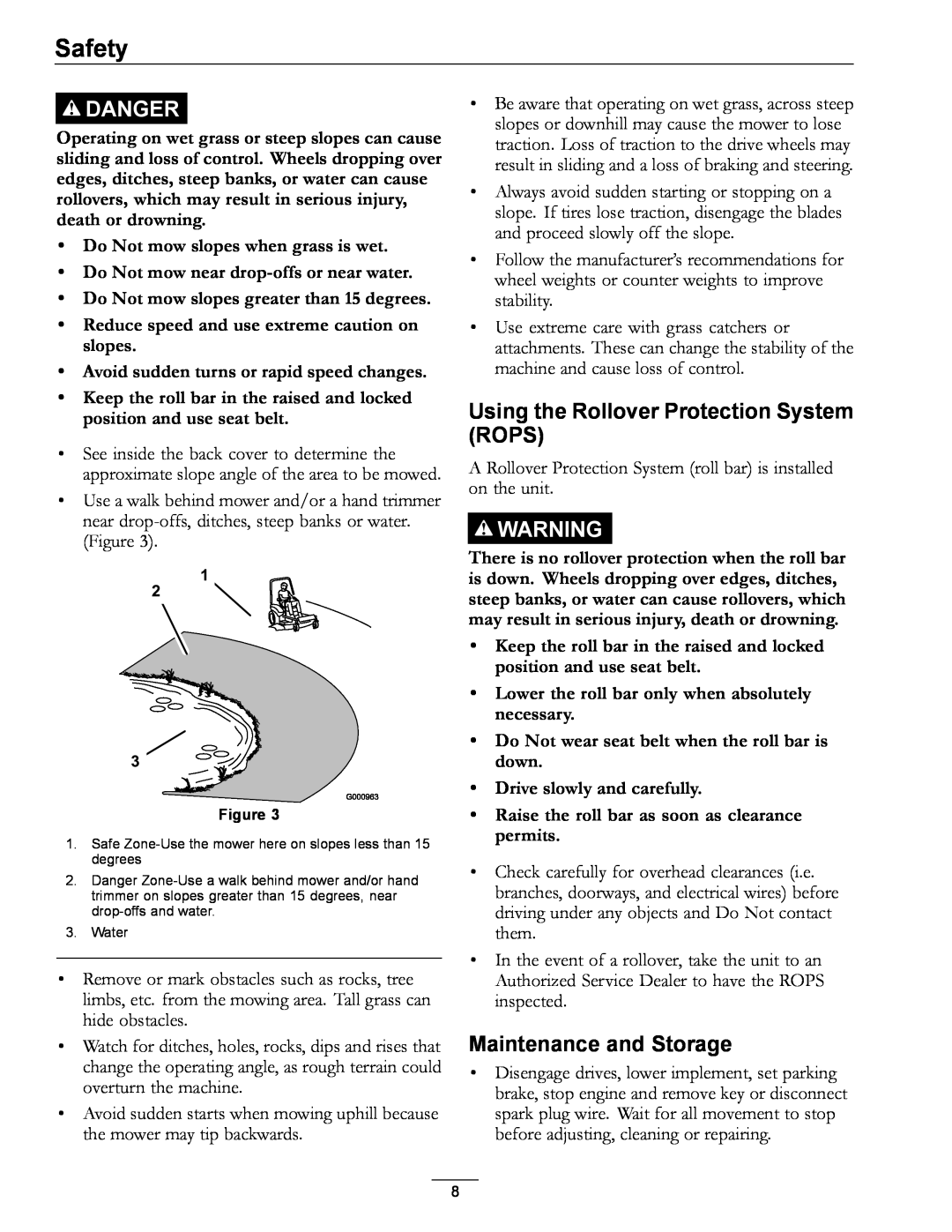 Exmark 4500-996 Rev A manual Using the Rollover Protection System ROPS, Maintenance and Storage, Drive slowly and carefully 