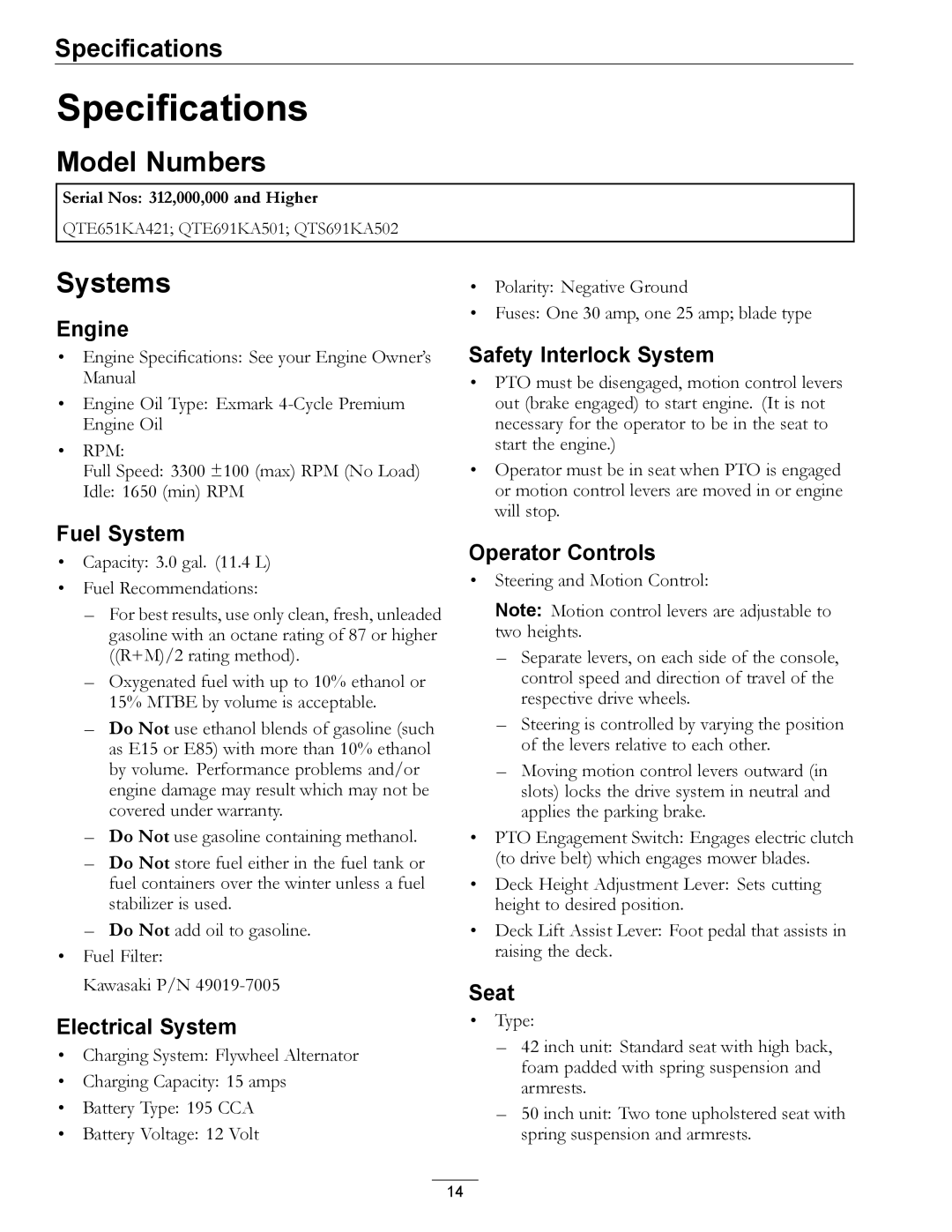 Exmark 4501-191 Rev.A manual Specifications, Model Numbers, Systems 