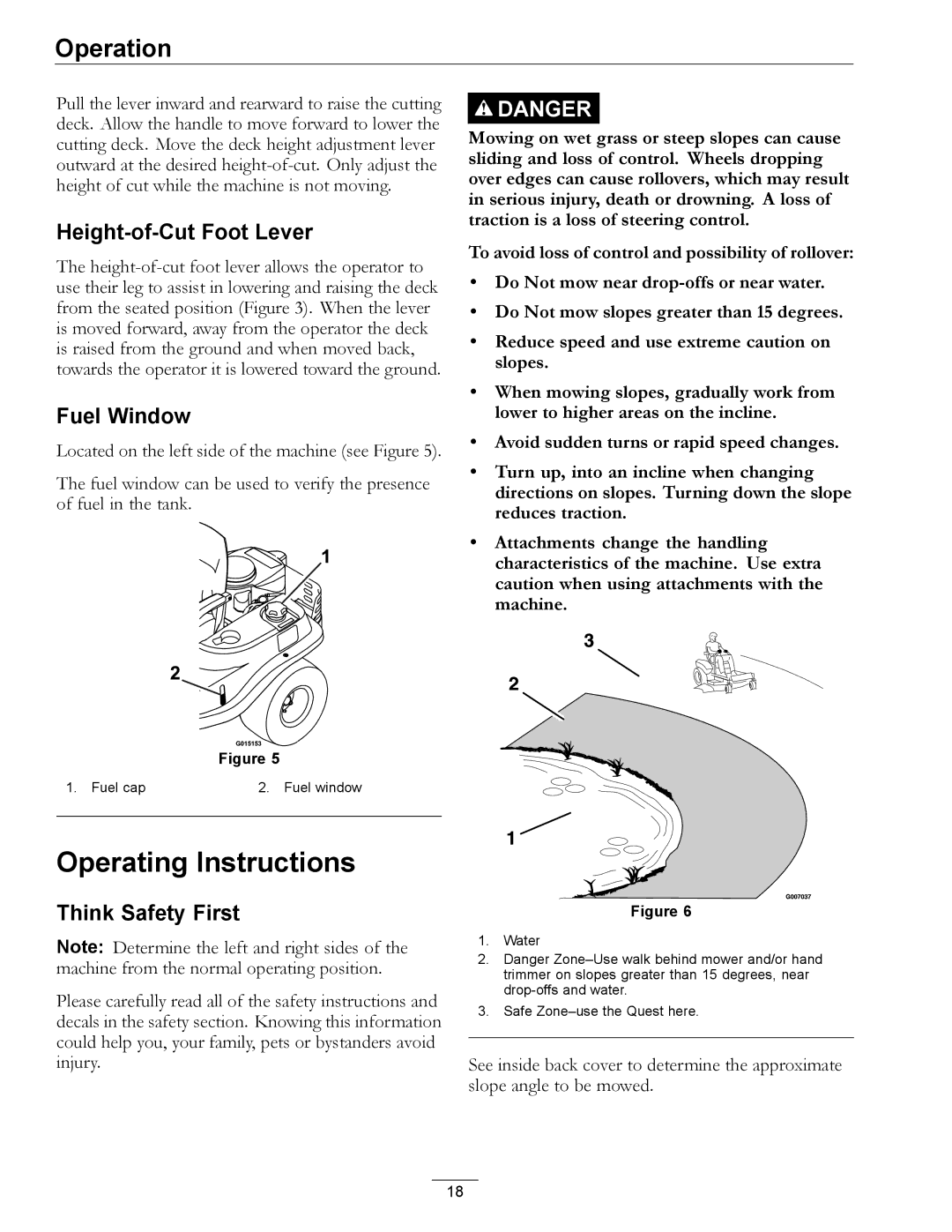 Exmark 4501-191 Rev.A manual Operating Instructions, Height-of-Cut Foot Lever, Fuel Window, Think Safety First 