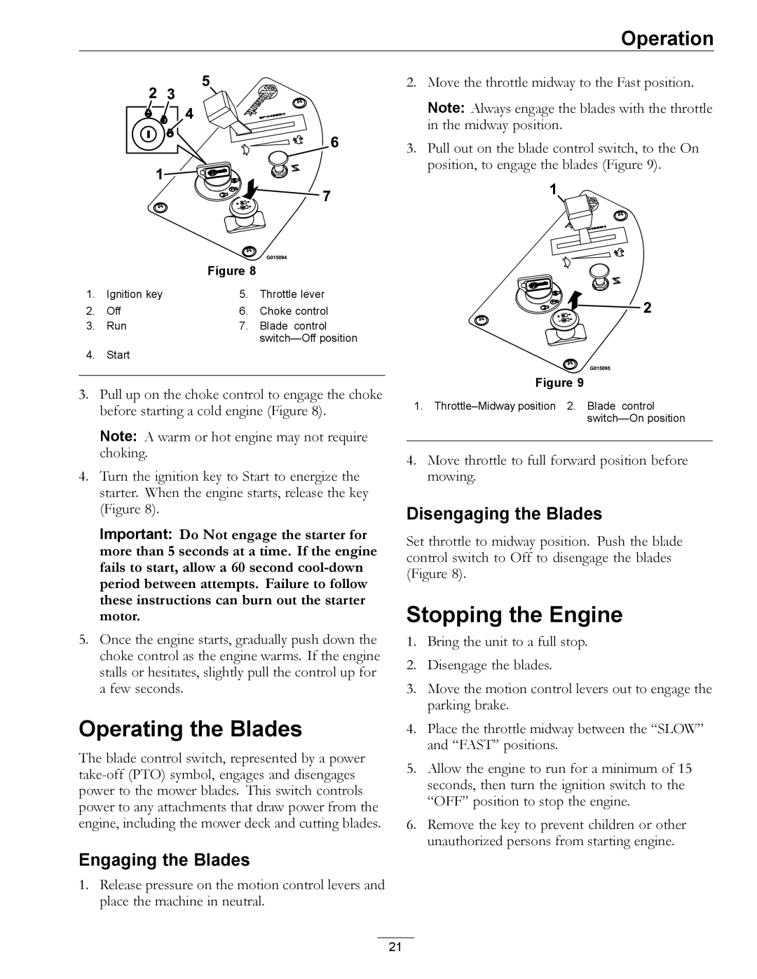 Exmark 4501-191 Rev.A manual Operating the Blades, Stopping the Engine, Engaging the Blades, Disengaging the Blades 