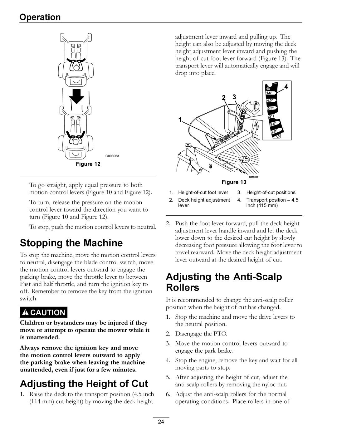 Exmark 4501-191 Rev.A manual Stopping the Machine, Adjusting the Height of Cut, Adjusting the Anti-Scalp Rollers 