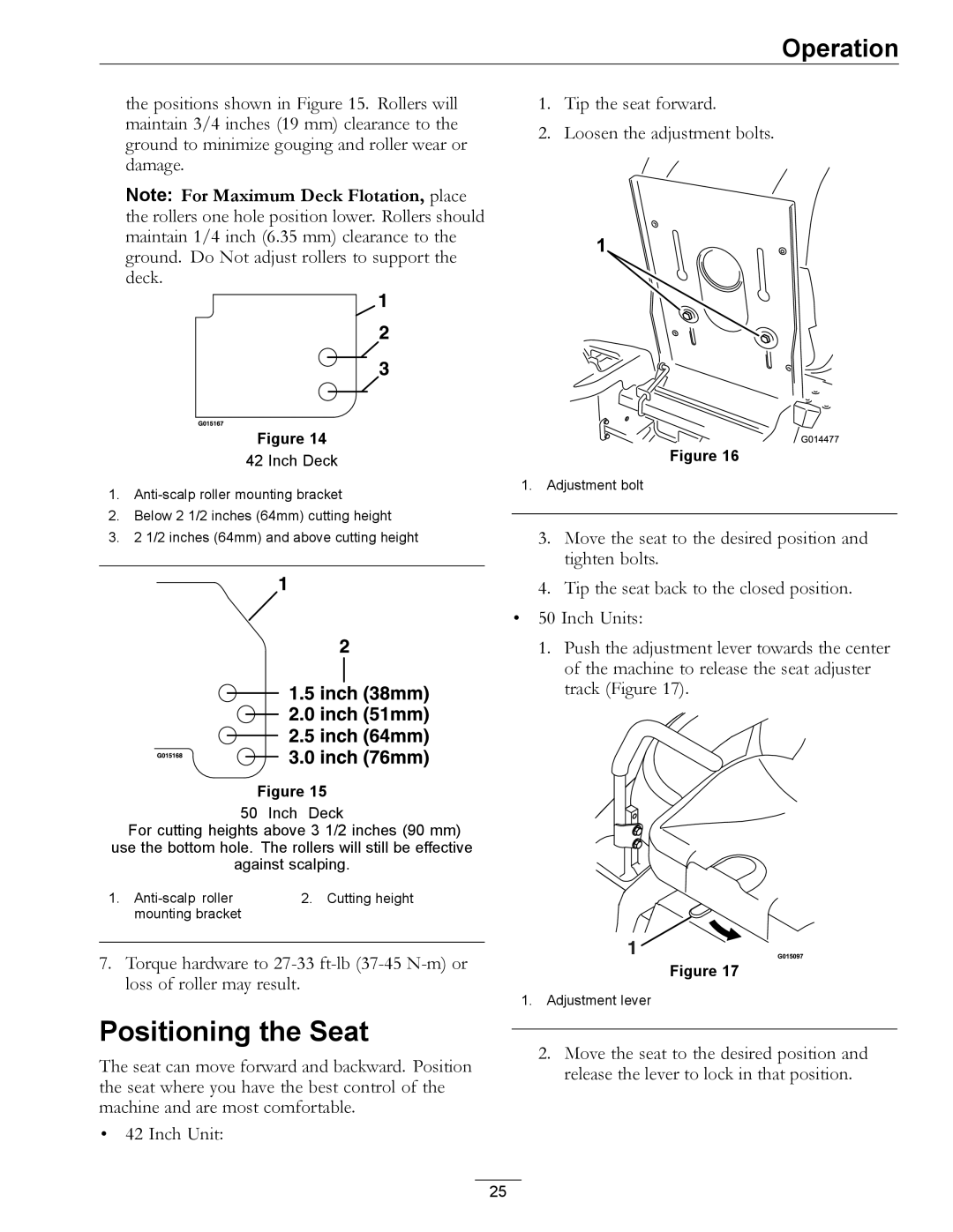 Exmark 4501-191 Rev.A manual Positioning the Seat, Inch Deck 