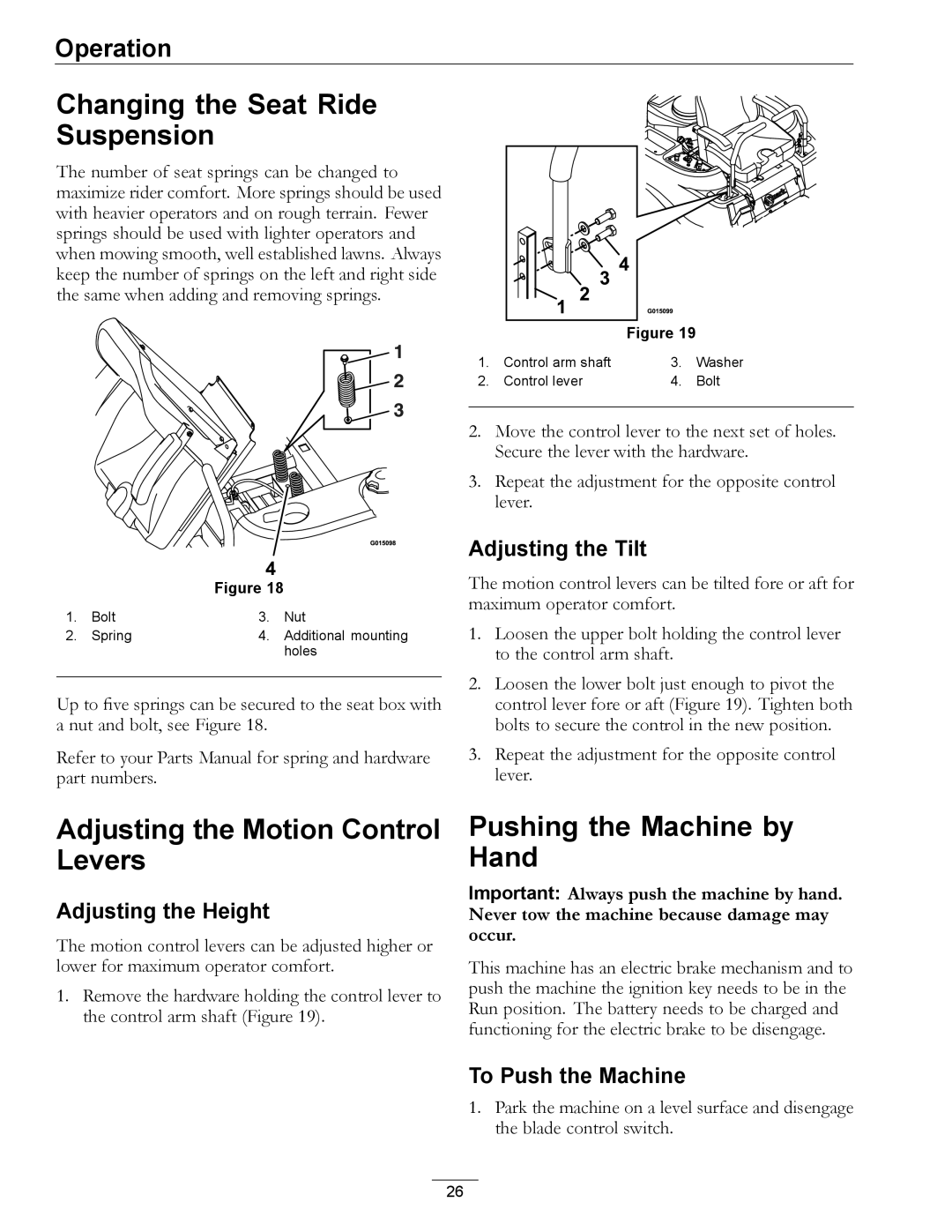 Exmark 4501-191 Rev.A Changing the Seat Ride Suspension, Adjusting the Motion Control Levers, Pushing the Machine by Hand 