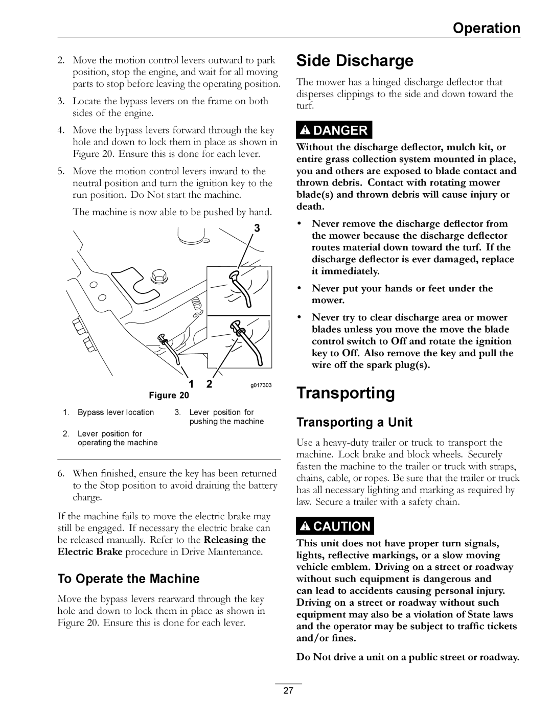 Exmark 4501-191 Rev.A manual Side Discharge, To Operate the Machine, Transporting a Unit 