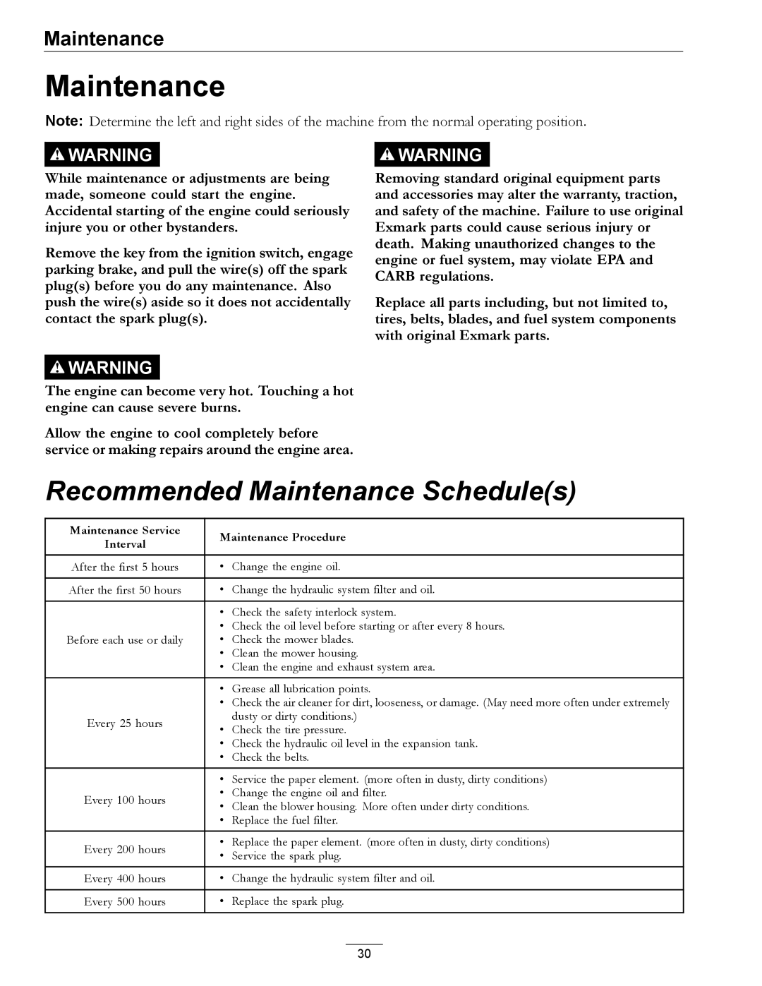 Exmark 4501-191 Rev.A manual Recommended Maintenance Schedules 