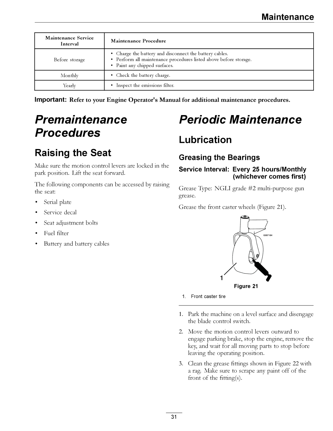 Exmark 4501-191 Rev.A manual Raising the Seat, Lubrication, Greasing the Bearings 