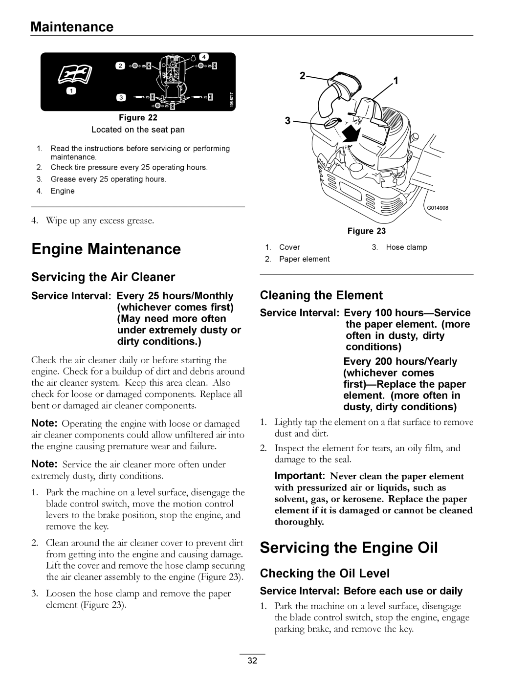 Exmark 4501-191 Rev.A manual Engine Maintenance, Servicing the Engine Oil, Servicing the Air Cleaner, Cleaning the Element 